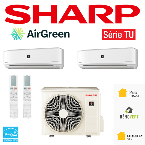 Thermopompe Double Zone SHARP TU Montréal avec télécommandes, unité extérieure et logos AirGreen et ENERGY STAR