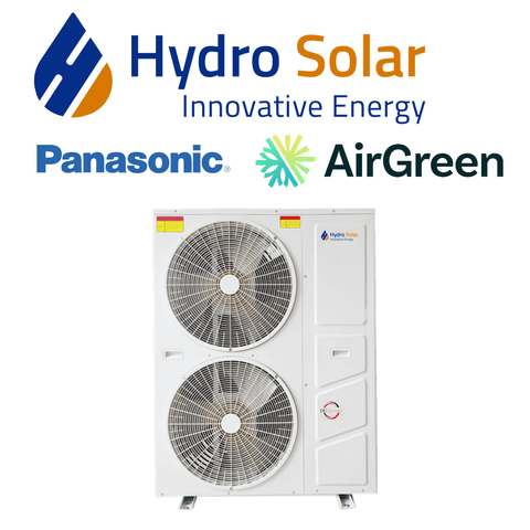 Thermopompe Monobloc Air-Eau Hydro Solar 7 Tonnes avec logos Hydro Solar, Panasonic et AirGreen