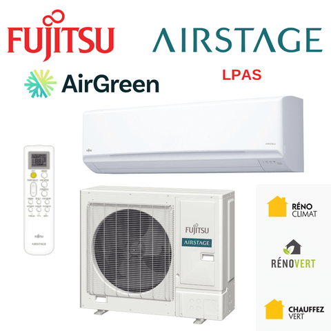Thermopompe Murale Fujitsu LPAS1 de 36 000 BTU Grand Montréal, Laval, Longueuil, Rive Sud et Rive Nord image with AirGreen logo