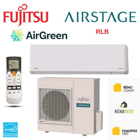 Thermopompe Murale Fujitsu RLB de 18 000 BTU à Montréal, Laval, Longueuil, Rive Sud et Rive Nord avec télécommande et logo AirGreen.