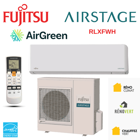 Mini Split Fujitsu RLXFWH de 24 000 BTU à Montréal avec télécommande et logos AirGreen et Energy Star. Idéal pour efficacité énergétique.