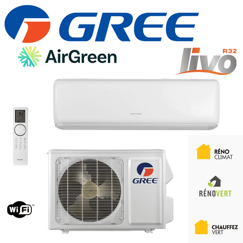 Thermopompe Murale Gree LIVO R32 | 12 000 BTU 115V | Montréal, Laval, Longueuil, Rive Sud & Rive Nord unit with remote control