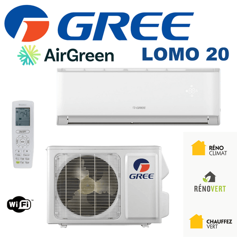 Thermopompe Murale Gree Lomo 20 de 30 000 BTU (Commercial) pour Montréal, Laval, Longueuil, Rive Sud et Rive Nord. Image du système complet.