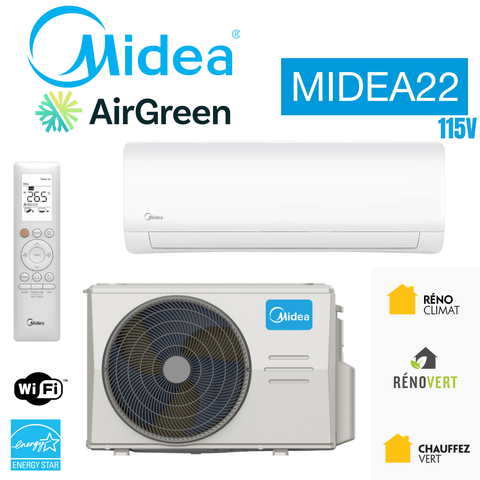 Thermopompe Murale MIDEA22 | 12000 BTU 115V | Montréal, Rive Sud, Nord with Energy Star certification and WiFi control.