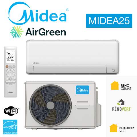 Thermopompe Murale MIDEA25 | 9 000 BTU | Montréal, Rive Sud, Rive Nord avec télécommande, logo AirGreen, logos WiFi et Energy Star