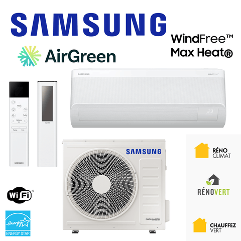 Thermopompe Murale SAMSUNG WindFree MaxHeat R32 -30°C | 12 000 BTU system by AirGreen including indoor and outdoor units.