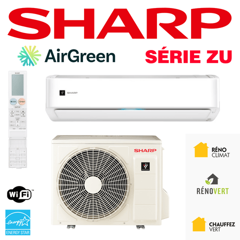 Thermopompe Murale Sharp ZU de 24 000 BTU Montréal avec télécommande, WiFi et certifications écoénergétiques.