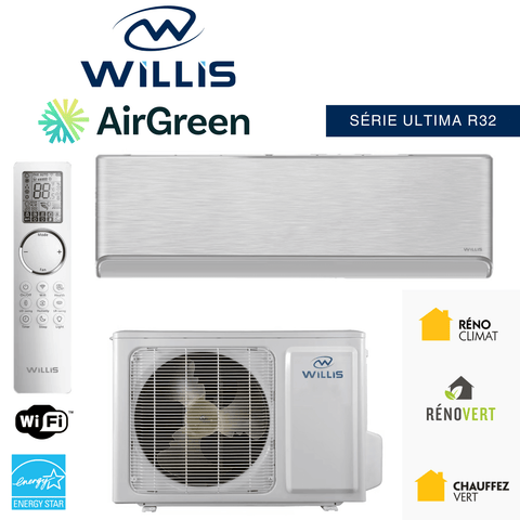 Thermopompe Murale WILLIS ULTIMA R32 | 12 000 BTU | Montréal, Laval, Rive Sud avec télécommande et certifications énergétiques