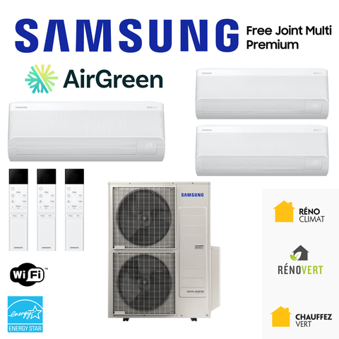Thermopompe SAMSUNG Premium FJM | 3-Zones | Ext : 20 000 BTU avec trois unités murales et certifications énergétiques.