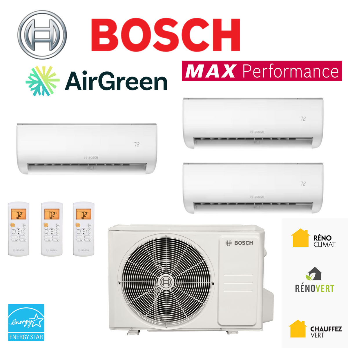 Thermopompe BOSCH Max Performance | 3 Têtes | Compresseur 48 000 BTU | Montréal, Laval, Longueuil, Rive Sud et Rive Nord
