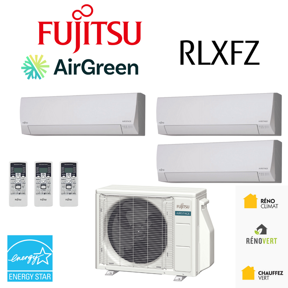 Thermopompe 3-Têtes Fujitsu RLXFZ | Compresseur 36 000 BTU | Montréal, Laval, Longueuil, Rive Sud et Rive Nord