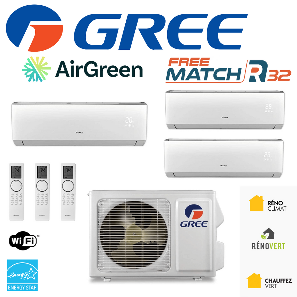 Thermopompe TripleZone Gree FreeMatch R32 | 30 000 BTU | Montréal, Laval, Longueuil, Rive Sud & Rive Nord