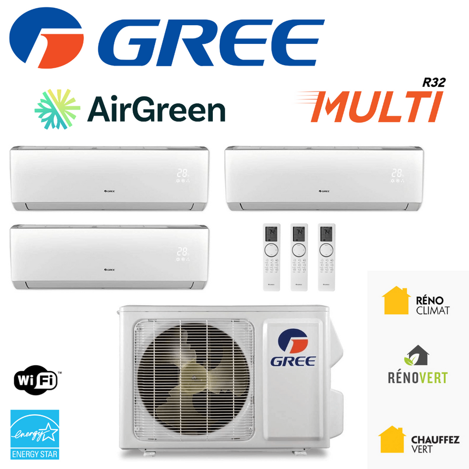 Thermopompe Triple Zone Gree MULTI R32 | Ext : 36 000 BTU | Montréal, Laval, Longueuil, Rive Sud & Rive Nord