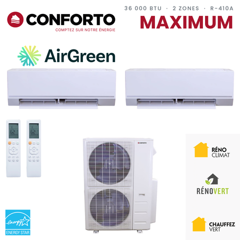 Thermopompe 2 zones Conforto Maximum MHMZ de 36 000 BTU au R-410A : 2 unités murales et unité extérieure