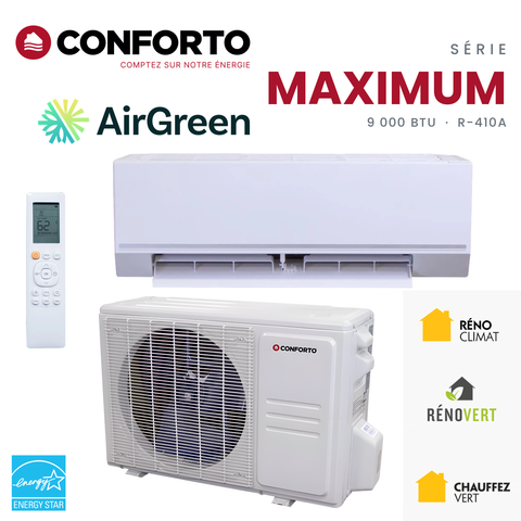 Thermopompe murale Conforto Maximum MHWAL de 9 000 BTU au R-410A, unité murale, unité extérieure et télécommande