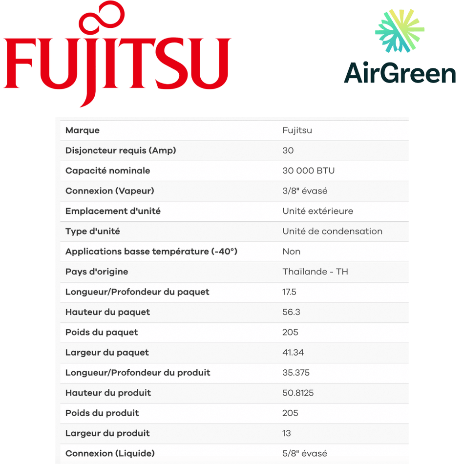 Thermopompe Murale Fujitsu RLXEH de 30 000 BTU spec sheet with relevant information