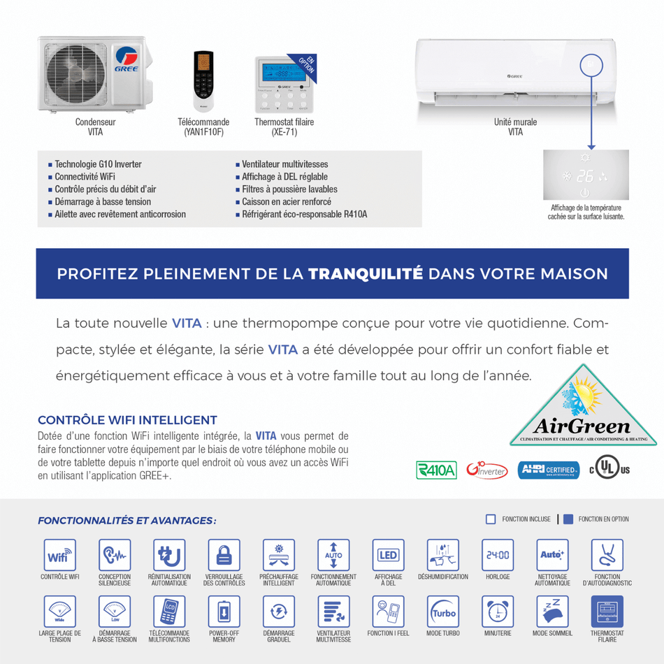 Climatiseur Mural GREE VITA 12 000 BTU spec sheet with relevant information