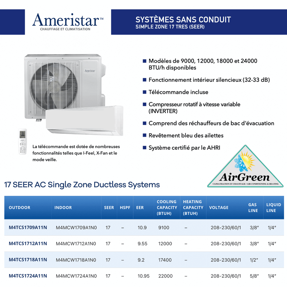 Climatiseur Mural AMERISTAR 12 000 BTU spec sheet with relevant information