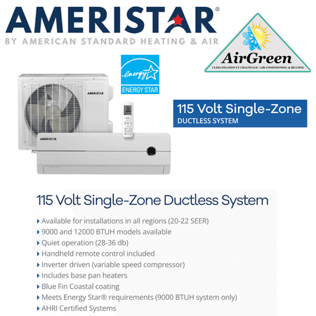 Thermopompe Murale Ameristar 22 SEER de 12 000 BTU (115V) spec sheet with relevant information
