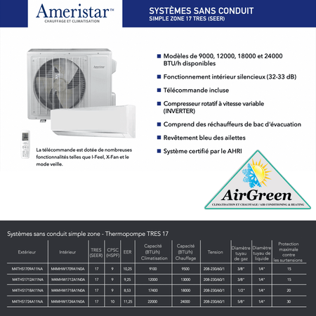 Thermopompe Murale Ameristar 17 SEER de 12 000 BTU spec sheet with relevant information