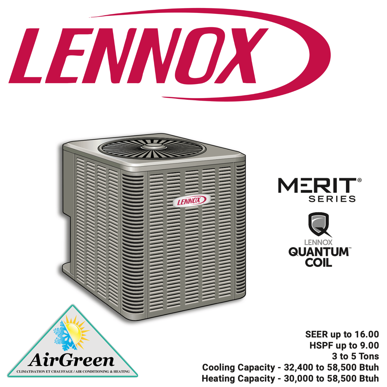 Thermopompe Centrale LENNOX MERIT ML14XP1 3 Tonnes spec sheet with relevant information