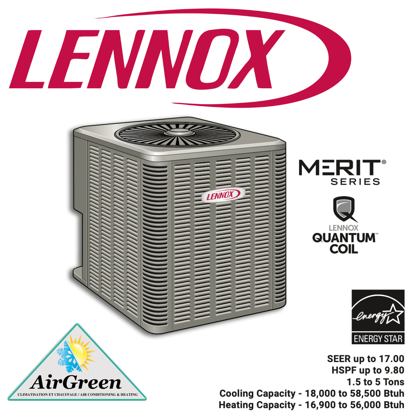 Thermopompe Centrale LENNOX MERIT ML16XP1 2 Tonnes spec sheet with relevant information