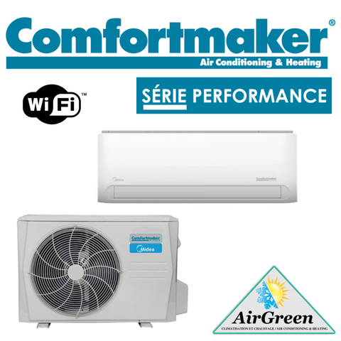 Thermopompe Murale Comfortmaker (DLCERA) PERFORMANCE de 12 000 BTU Montréal, unité intérieure et extérieure avec logo Comfortmaker