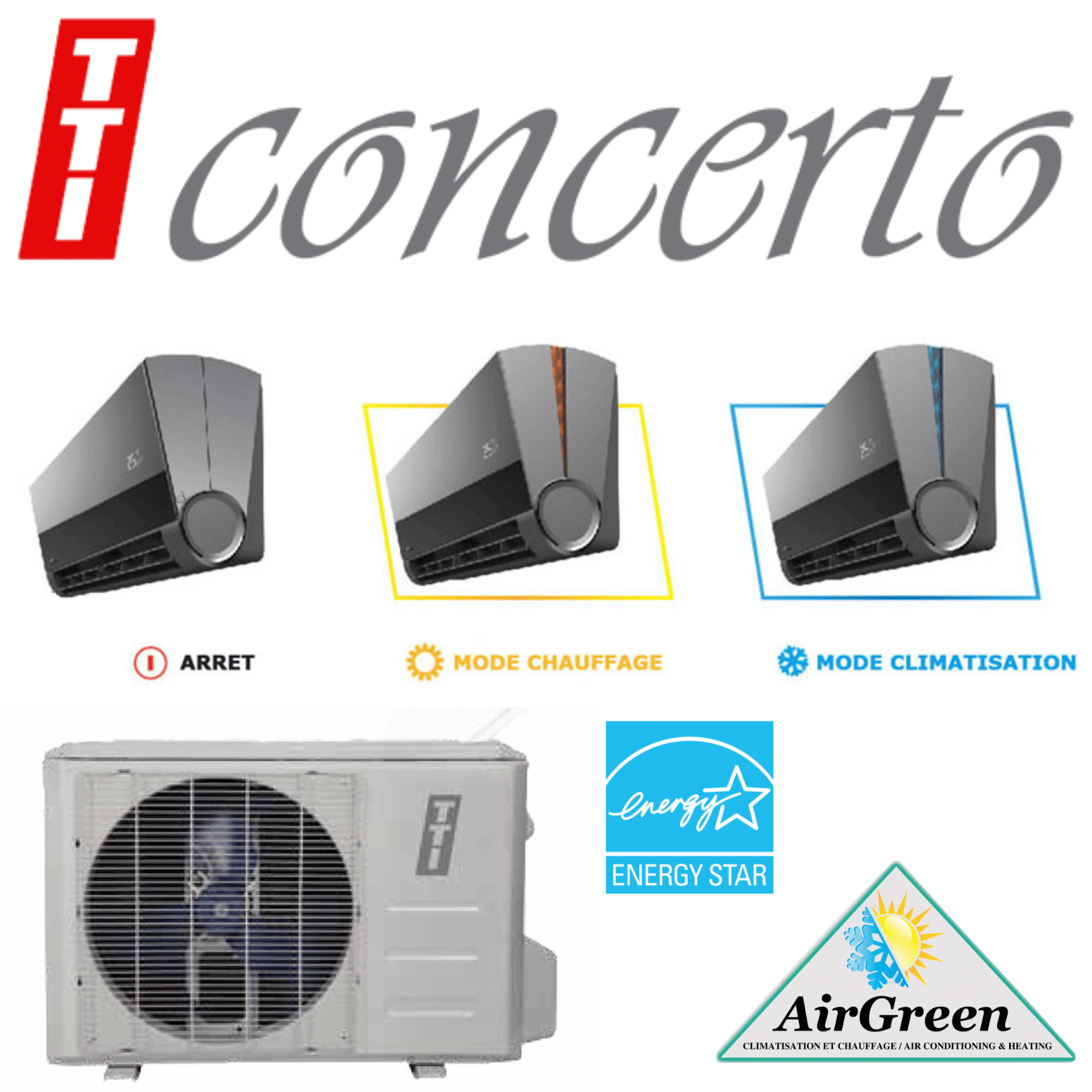 Thermopompe Murale TTI CONCERTO de 9 000 BTU spec sheet with relevant information