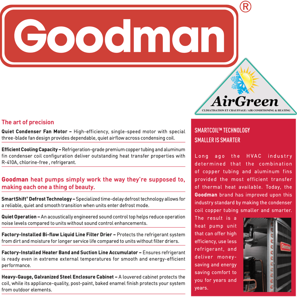 Thermopompe Centrale Goodman 16 SEER de 4 Tonnes spec sheet with relevant information