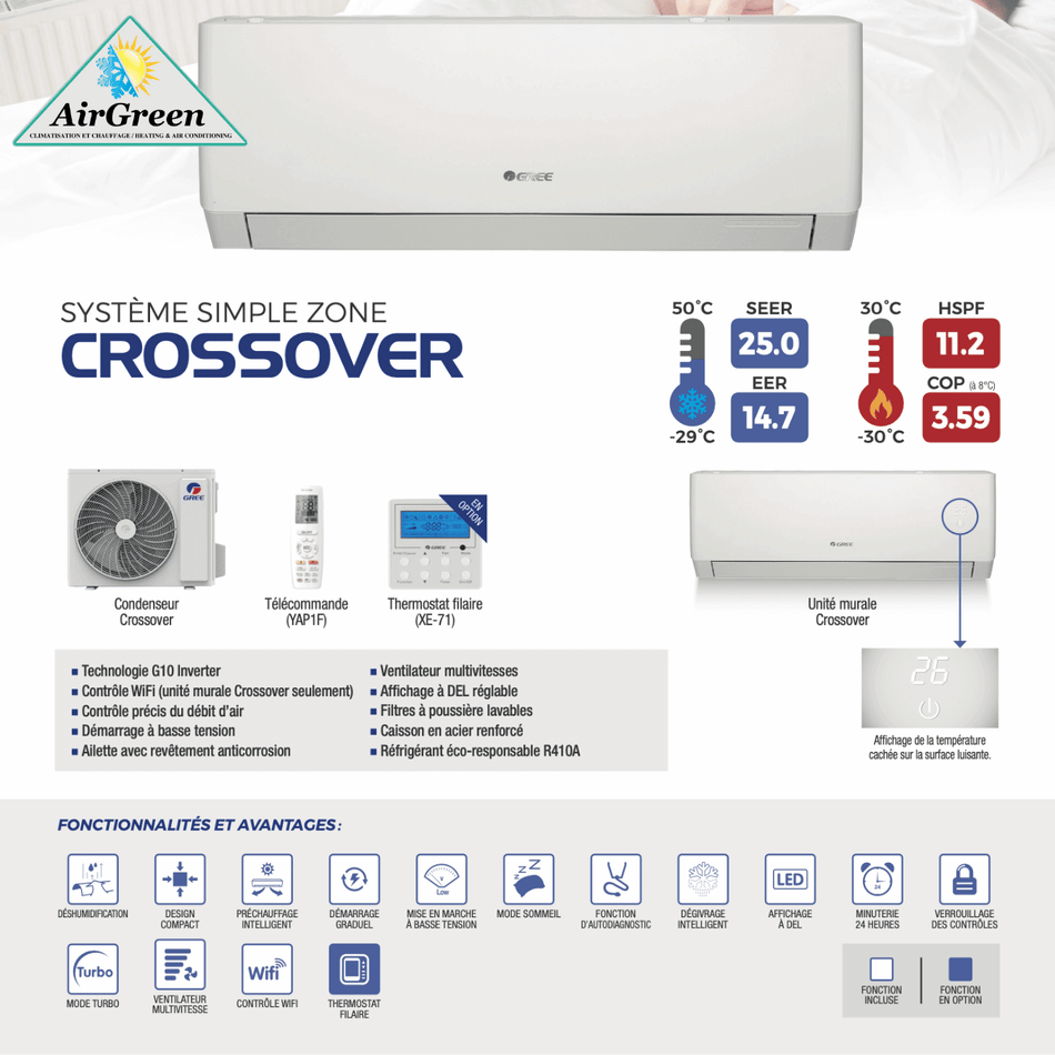 Wall Mounted Heat Pump GREE CROSSOVER of 24 000 BTU Montreal (-30°C)