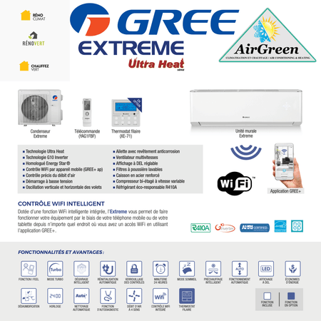 Thermopompe Murale GREE EXTRÊME de 9 000 BTU spec sheet with relevant information