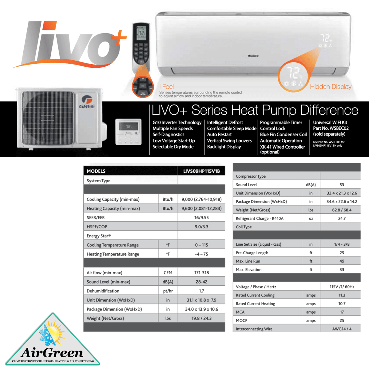 Thermopompe Murale GREE LIVO+ de 9 000 BTU (115V) spec sheet with relevant information