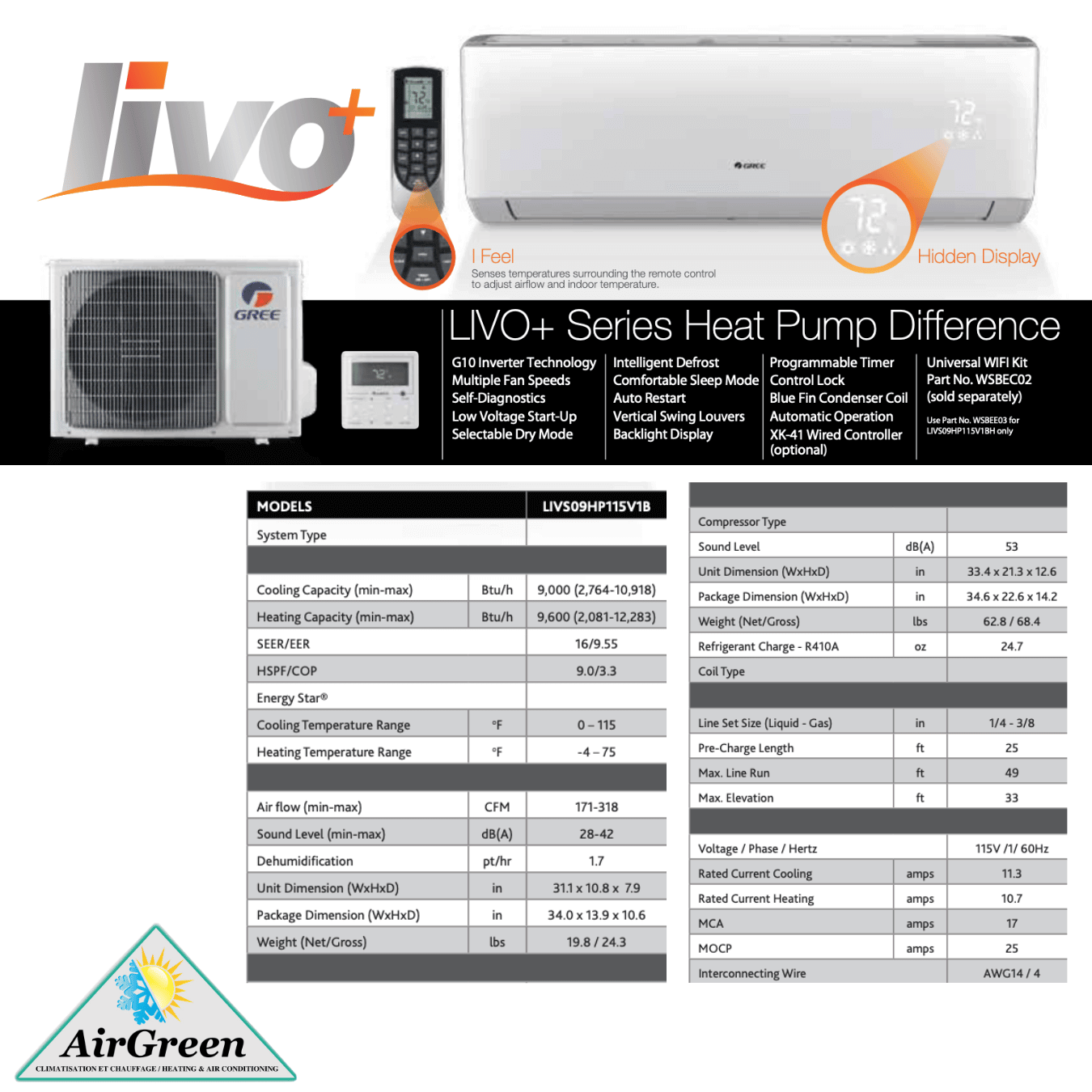 Thermopompe Murale GREE LIVO+ de 9 000 BTU (115V) spec sheet with relevant information