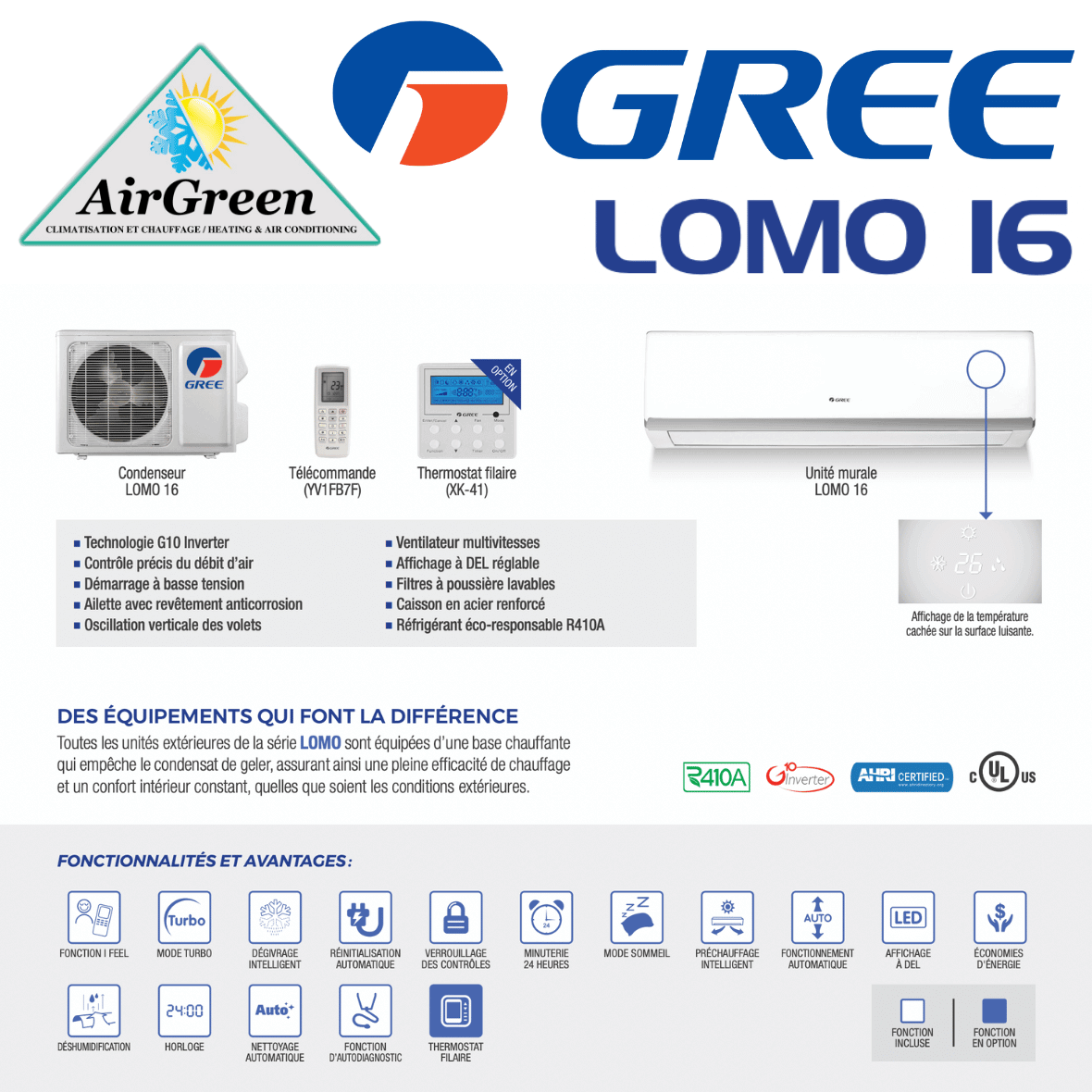 Thermopompe Murale Gree LOMO 16 de 12 000 BTU spec sheet with relevant information