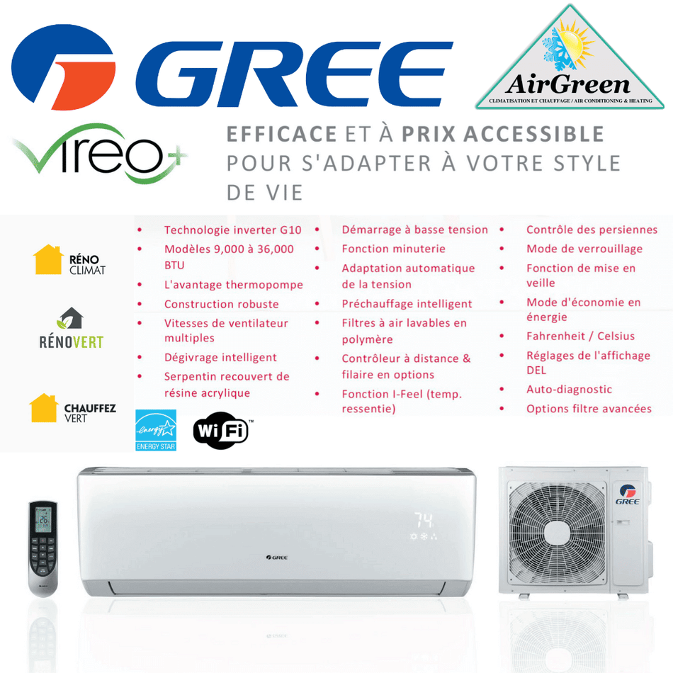 FONCTIONS DE LA THERMOPOMPE VIREO+ DE GREE, WIFI, ENERGY STAR, 12 000 BTU