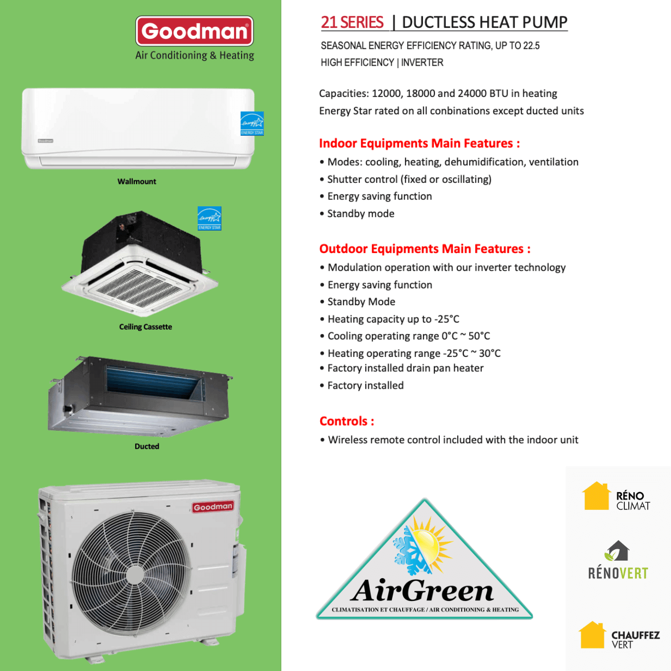 Thermopompe Quad Zone Goodman Série 21 SEER Compresseur 36 000 BTU spec sheet with relevant information