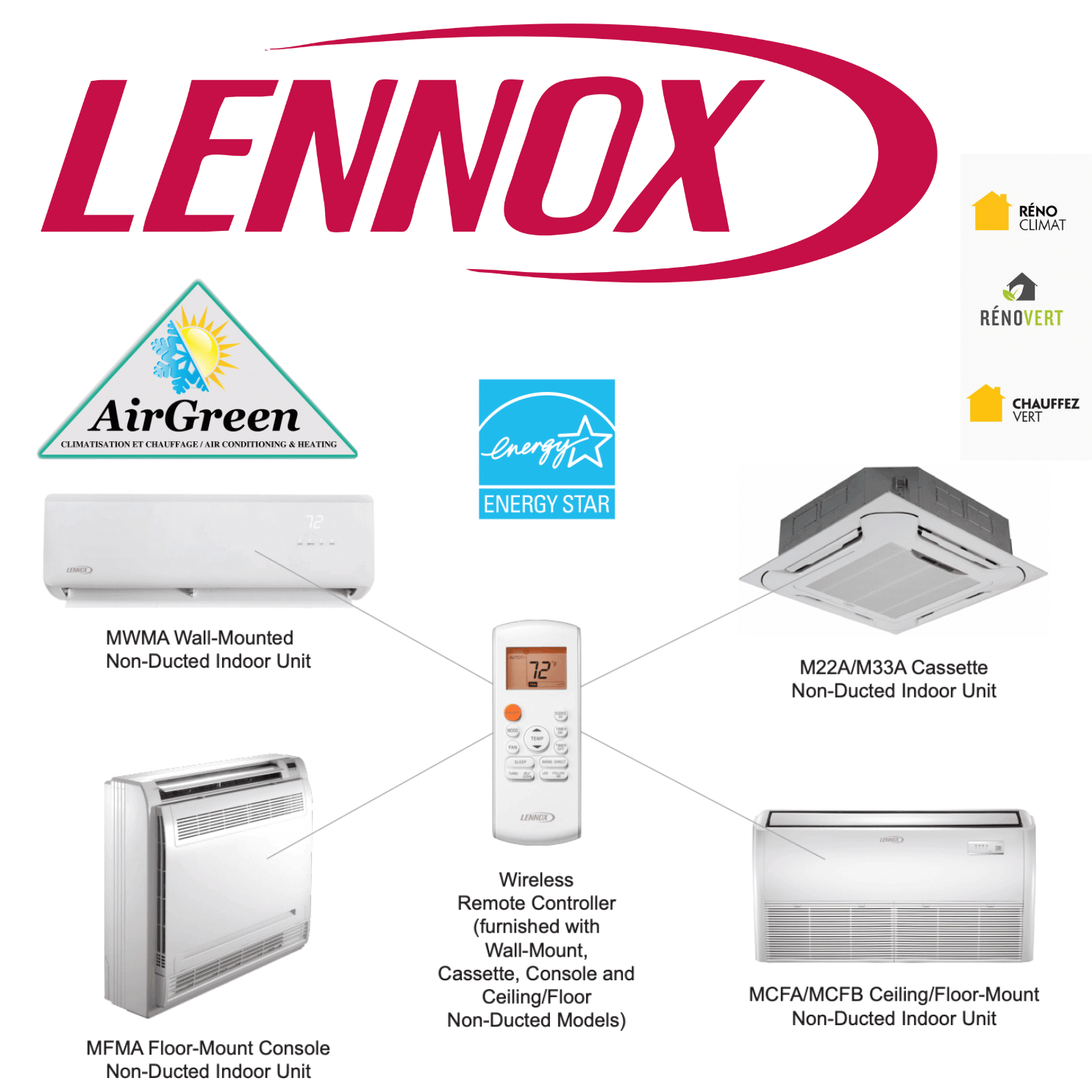 Thermopompe Murale Lennox MLA de 24 000 BTU spec sheet with relevant information