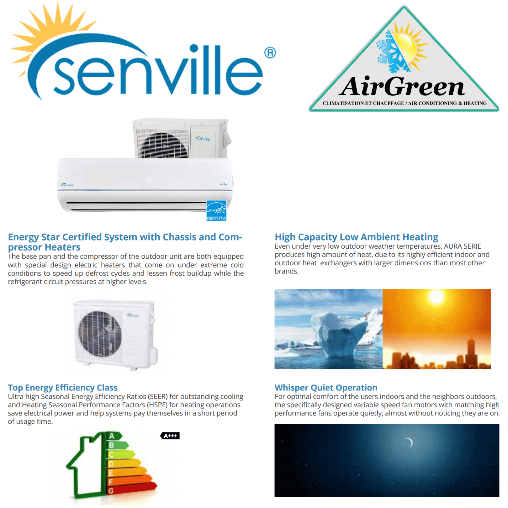 Thermopompe Murale Senville AURA de 24 000 BTU spec sheet with relevant information