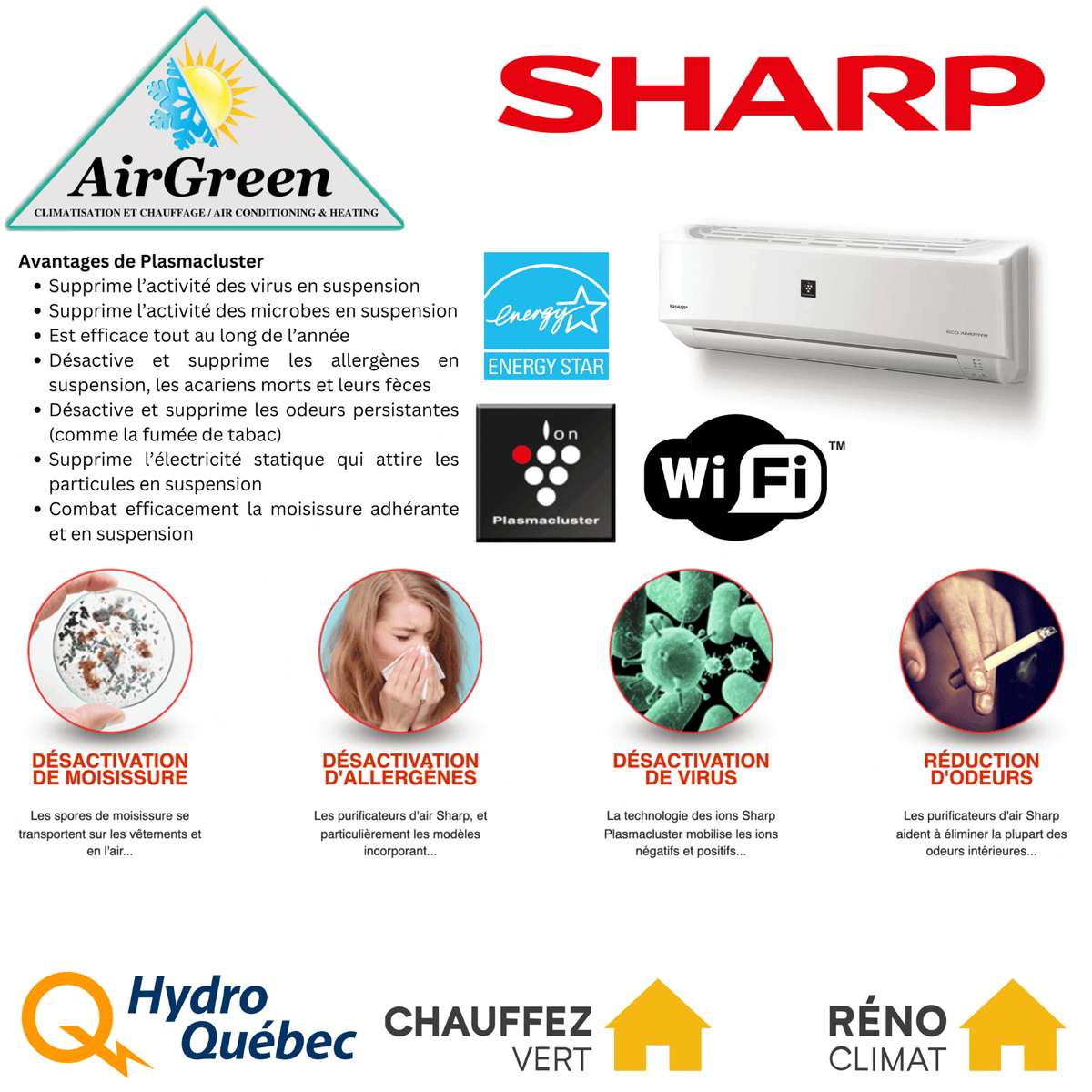 Thermopompe Murale Sharp ZU de 12 000 BTU spec sheet with relevant information