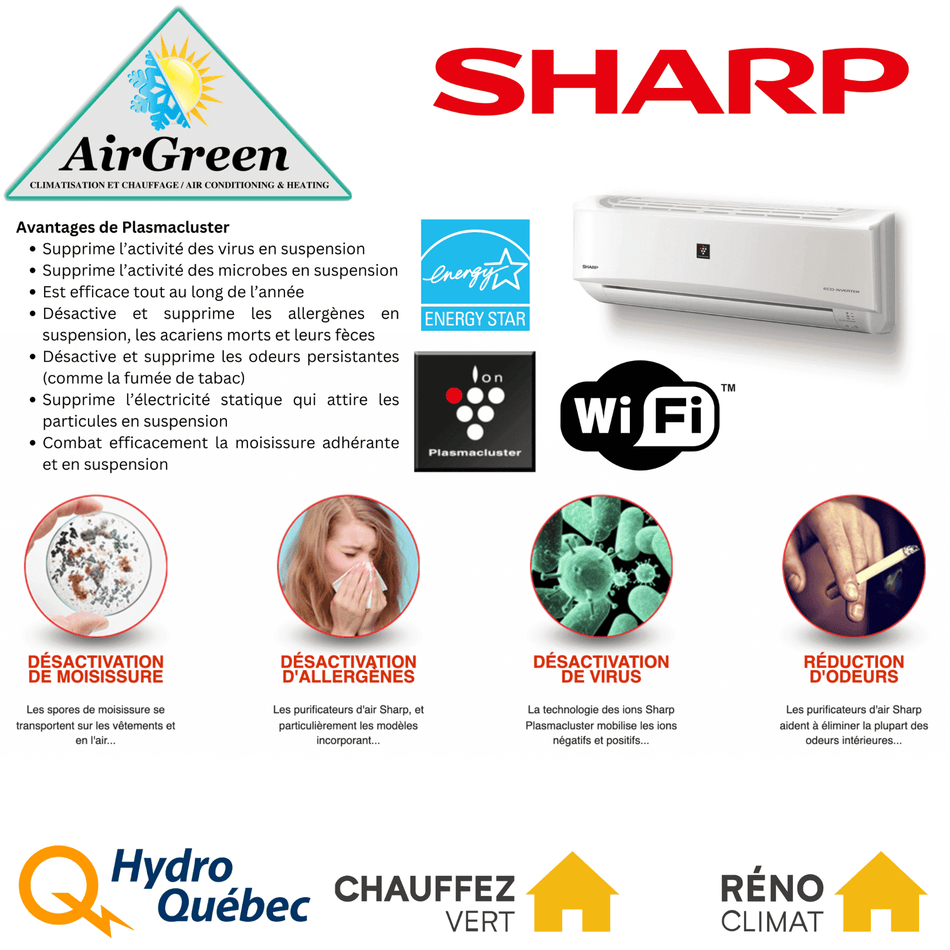Thermopompe Murale Sharp TU de 18 000 BTU spec sheet with relevant information