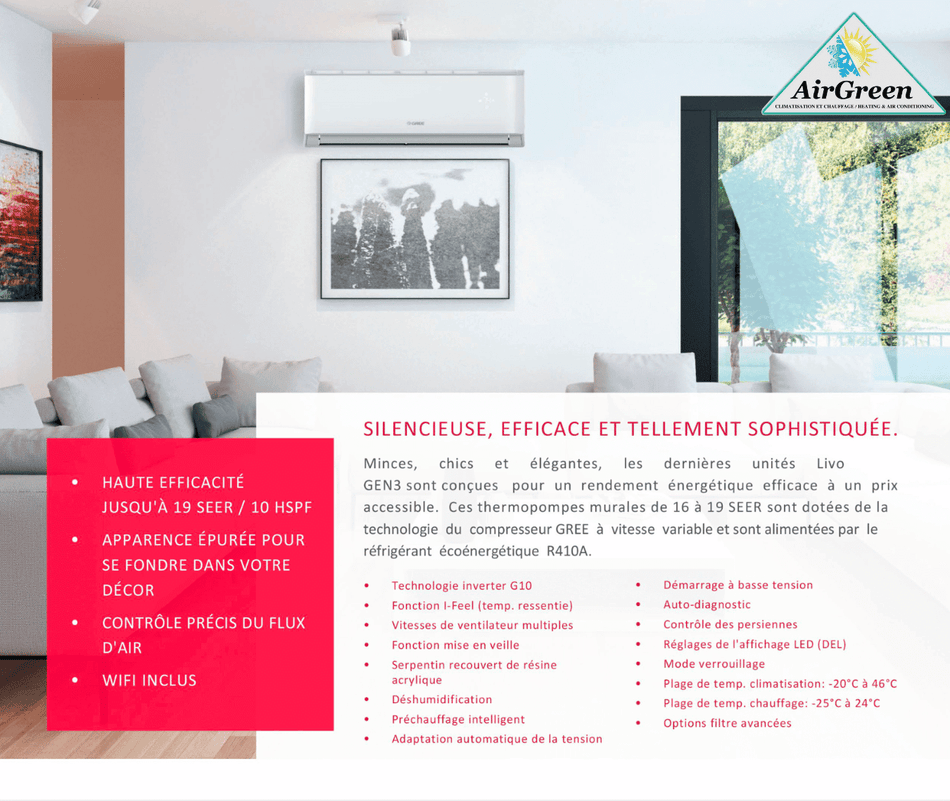 Thermopompe Murale GREE LIVO GEN3 de 24 000 BTU Montréal