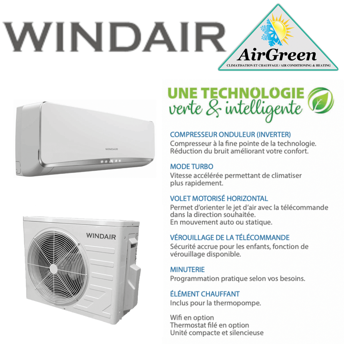 Thermopompe Murale Windair Série 17 de 18 000 BTU spec sheet with relevant information