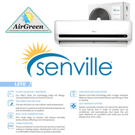 Thermopompe Murale Senville LETO de 12 000 BTU spec sheet with relevant information
