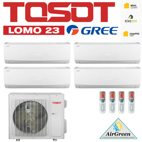 Thermopompe Quad Zone Tosot Lomo 23 SEER Compresseur 42 000 BTU Montréal with wall units and remotes