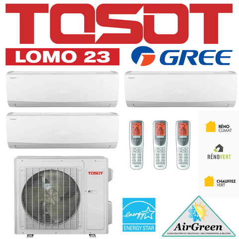 Thermopompe Triple Zone Tosot Lomo 23 SEER Compresseur 24 000 BTU Montréal avec trois unités murales et télécommandes
