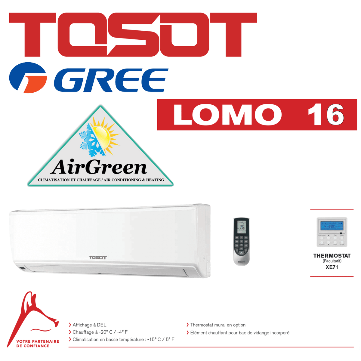 Thermopompe Murale Tosot LOMO 16 de 18 000 BTU spec sheet with relevant information