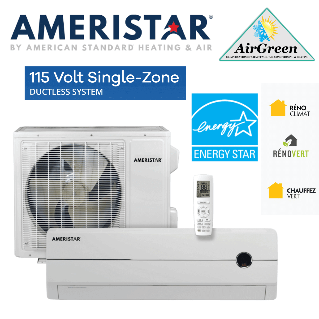 Thermopompe Murale Ameristar 22 SEER de 9 000 BTU (115V)