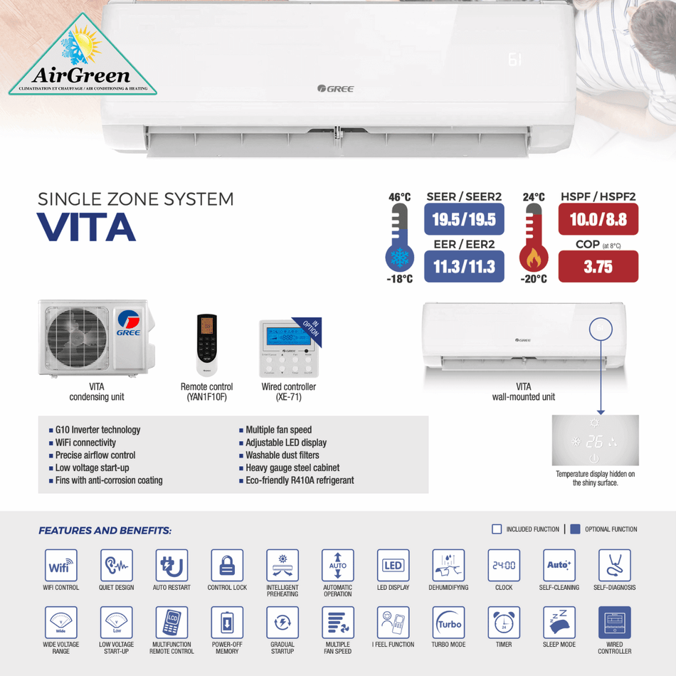 Thermopompe Murale GREE VITA de 12 000 BTU spec sheet with relevant information