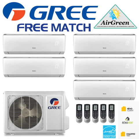 Thermopompe Cinq Zone Gree Free Match Compresseur 36 000 BTU Montréal avec unités murales et télécommandes
