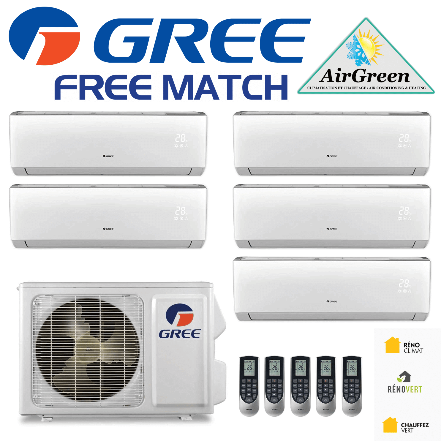 Thermopompe Cinq Zone Gree Free Match Compresseur 42 000 BTU